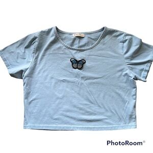 Romwe powder blue short sleeved crop top with butterfly embroidery, XL.